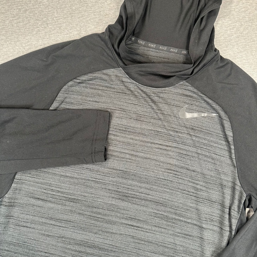 Nike Sweatshirt Mens L Grey Black Space Dye Hoodie Long Sleeve Training‎ Dri-FIT